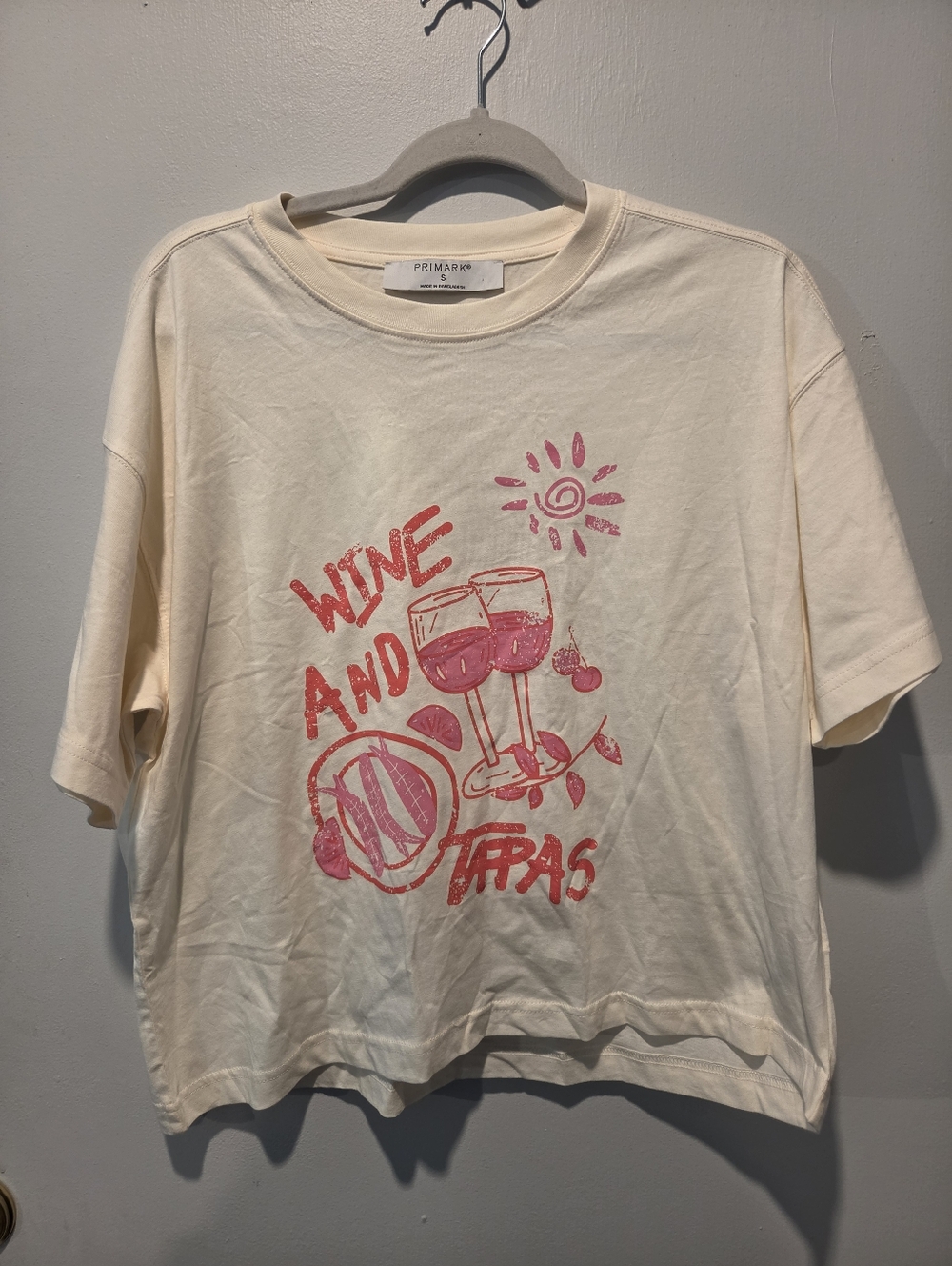 Primark Cream Tee with Pink Wine & Tapas Graphic Sz S